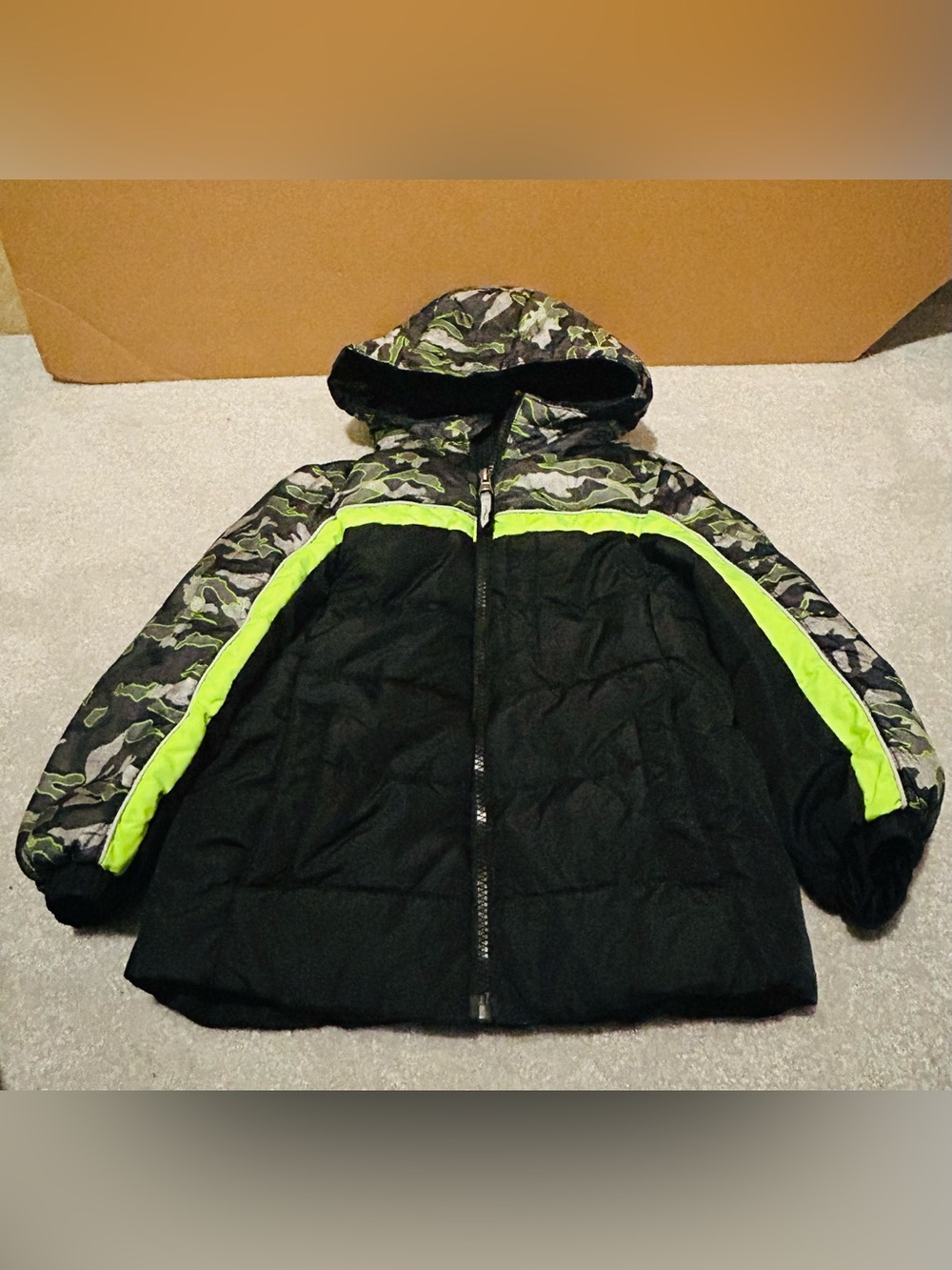 ZeroXposur Kids Black Camo Hooded Puffer with Neon Yellow Trim